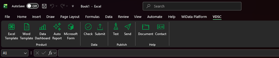 Tab VDSC trên Ribbon Excel, nhóm Product có nút Excel Template