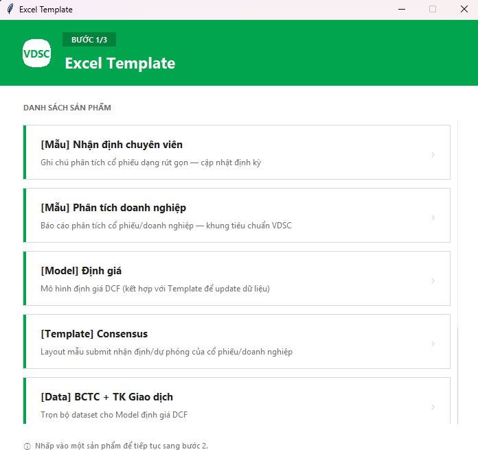 Hộp thoại BƯỚC 1/3 — danh sách sản phẩm của Excel Template