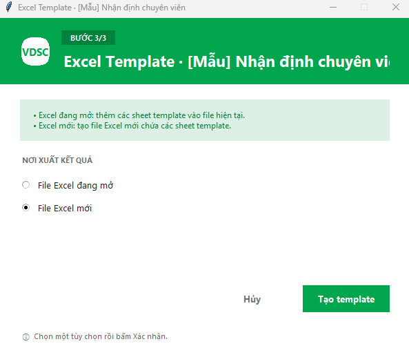 Hộp thoại BƯỚC 3/3 — chọn nơi xuất kết quả, File Excel mới