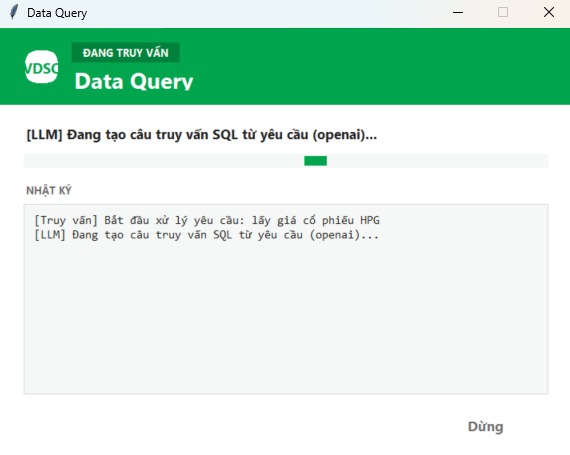 Cửa sổ tiến độ Data Query — hệ thống tạo câu truy vấn SQL từ yêu cầu